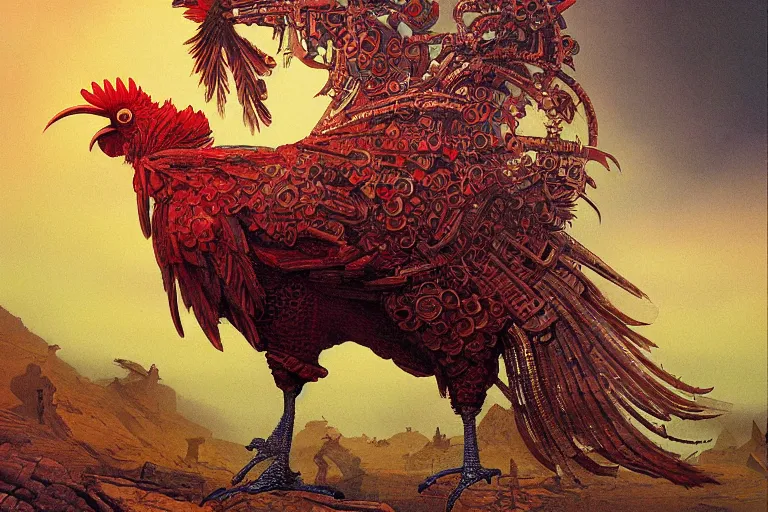 Image similar to digital painting of an ominous mechanical rooster, by wayne barlowe and bob pepper, highly detailed, intricate, dieselpunk, retrofuturism