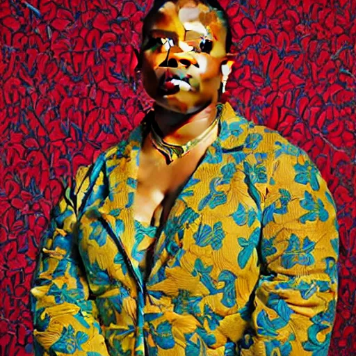 Prompt: A portrait of a thick powerful and pretty non-binary person, oil painting by Kehinde Wiley, majestic, detailed, high resolution