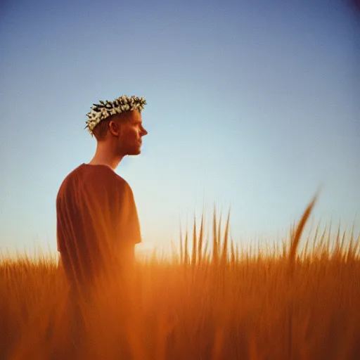 Image similar to lomography color 4 0 0 photograph of a skinny blonde guy standing in a field of wheat, flower crown, back view, golden ratio, light leak, grain, moody lighting, telephoto, 9 0 s vibe, blurry background, vaporwave colors!, faded!,