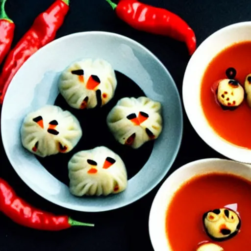 Prompt: anime dumplings with chilli sauce made by hayao miyazaki, ghibli art style