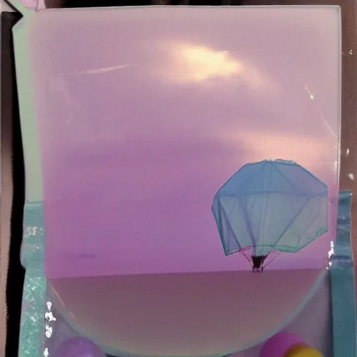 Prompt: a pastel colour Polaroid photo from a holiday album at a seaside abstract inflatable parachute object, all objects made of transparent iridescent Perspex no people, nostalgic