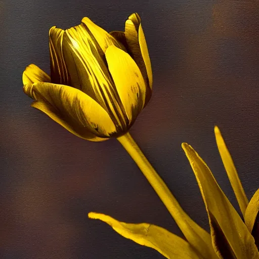 Prompt: metallic bumblebee flying over tulip made from rusty iron, studio photo, very detailed, spot lighting