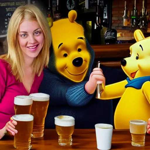 Prompt: winnie the pooh and a blonde woman enjoying a couple of pints in a pub together.