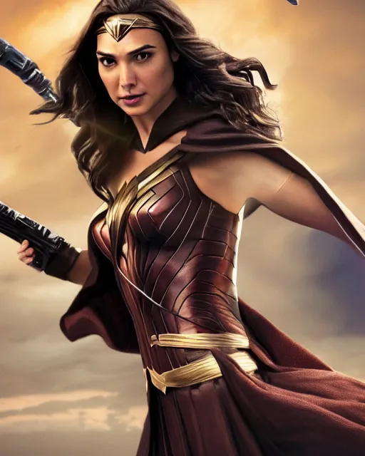 Image similar to gal gadot actress from death on the nil portraying a beautiful jaina solo from star wars legends, beautiful gal gadot jaina solo in a jedi robe, movie, hyper realistic, hollywood promotional image, imax, 8 k