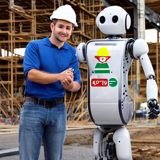 Image similar to man dressed in construction clothes next to him is a robot