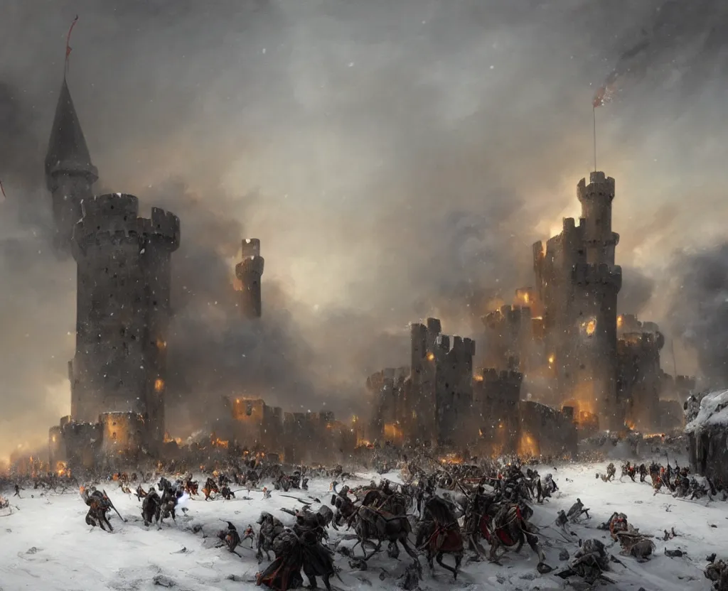 Image similar to Siege of a medieval castle in winter while two great armies face each other fighting below and catapults throw stones at the castle destroying its stone walls, heavy snow storm, fantasy, medieval, fire, explosions and grey smoke here and there, highly detailed, Artstation, oil on canvas painting by greg rutkowski