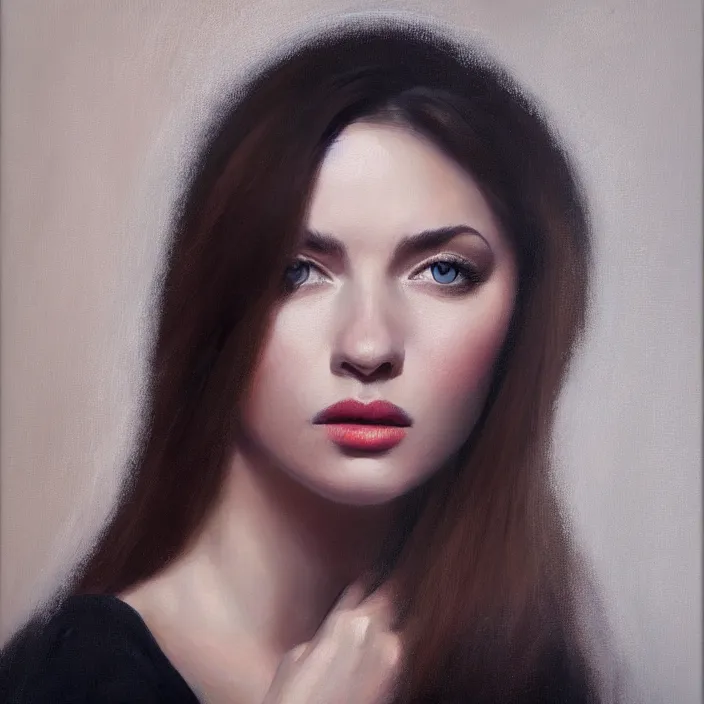 Image similar to alla prima portrait oil painting of young woman with dark hair, dark beige grey background, lights and shadows, beautiful composition, hyperrealistic