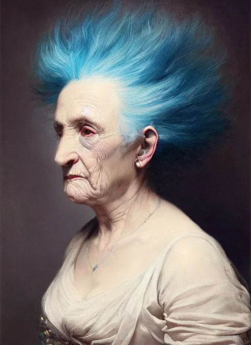 Image similar to a detailed portrait of old woman with a extravagant mohawk by edouard bisson, blue hair, punk rock, oil painting, muted colours, soft lighting