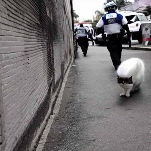 Prompt: police chasing a cat into an alley, high quality