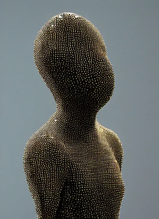 Image similar to a figurative sculpture made of one million tiny reflective spheres