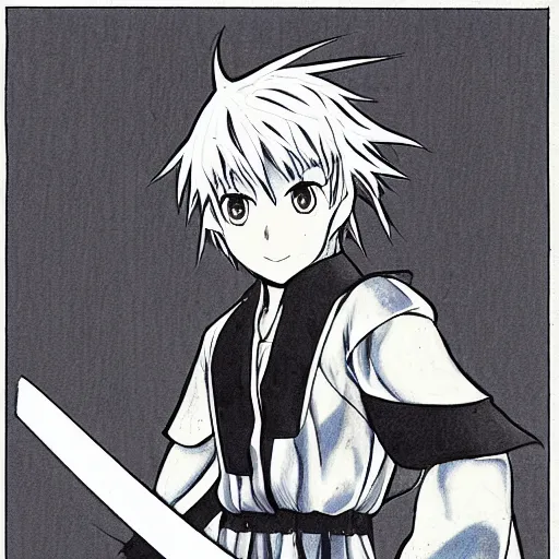 Prompt: young anime hero with a sword, illustrated by mato and ken sugimori, studio ghibili, manga, black and white illustration