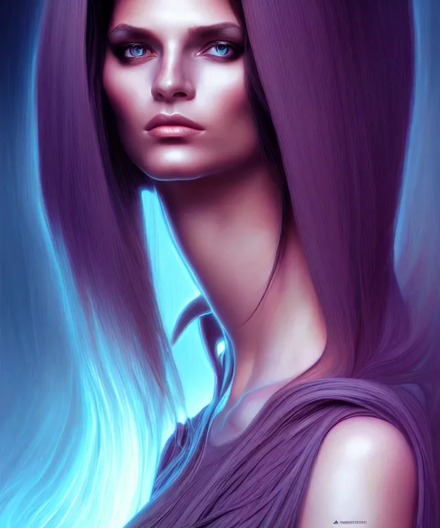 Image similar to Supermodel woman turning into an Android portrait, dark surrealism , scifi, intricate, elegant, long dark hair, highly detailed cybernetic body, neon glowing eyes, digital painting, artstation, concept art, smooth, sharp focus, illustration, art by artgerm and moebius and alphonse mucha