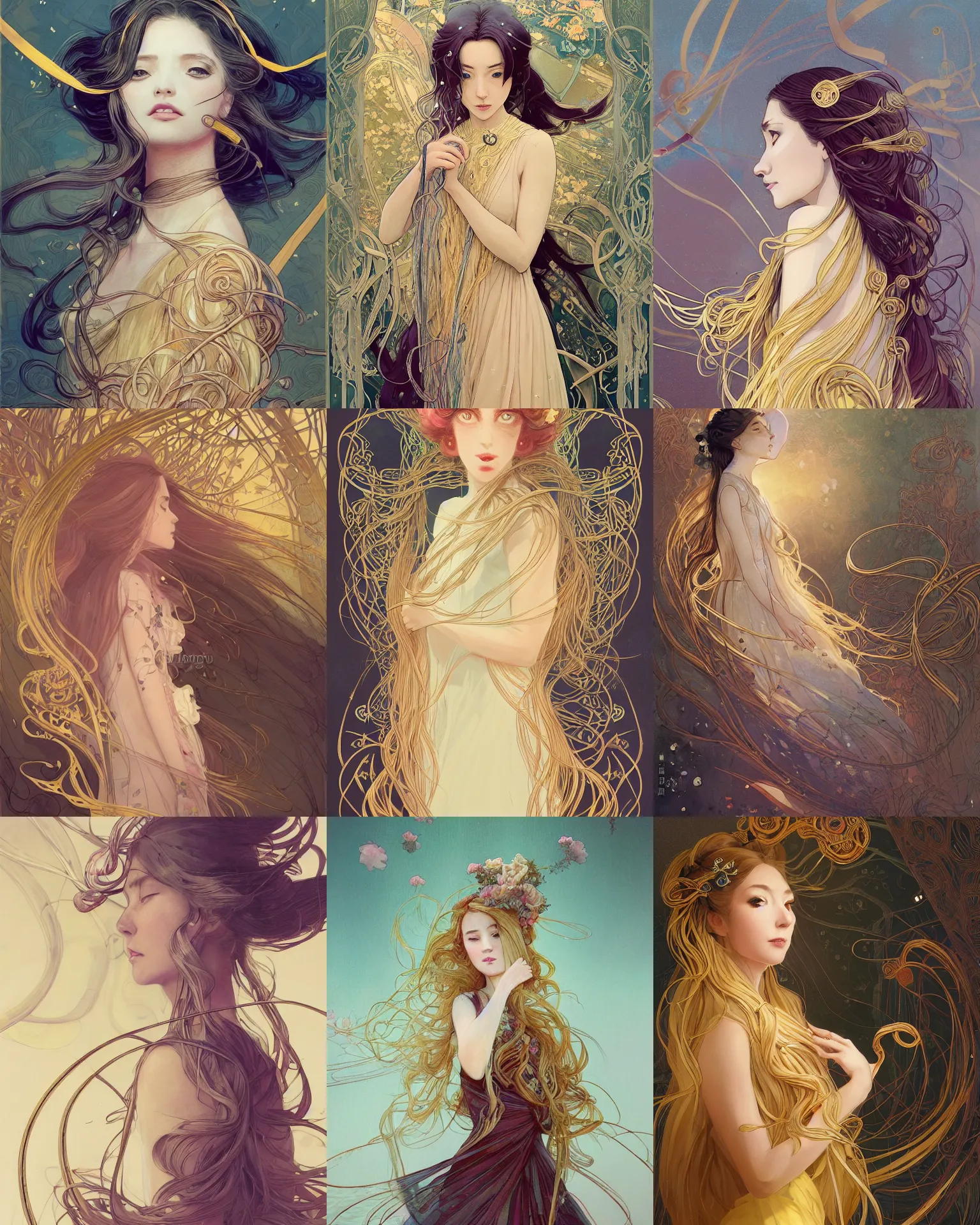 Prompt: museum curator of abstract work with long golden hair and a beautiful dress with ribbons, spring, art nouveau, magnificent, medium shot close up, details, sharp focus, elegant, highly detailed, illustration, by Jordan Grimmer and greg rutkowski and PiNe(パイネ) and 薯子Imoko and 香川悠作 and wlop and maya takamura, intricate, beautiful, Trending artstation, pixiv, digital Art