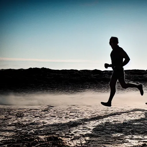 Prompt: Walter White running on the beach, artistic, 8k, cinematic, 30mm