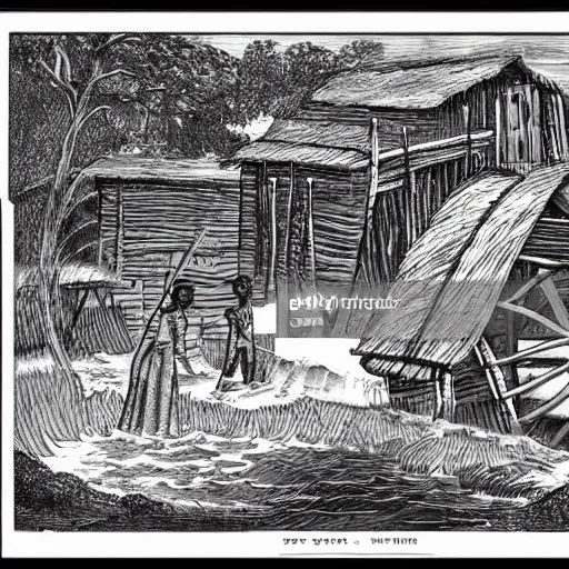 Prompt: cartoon of a water mill in africa