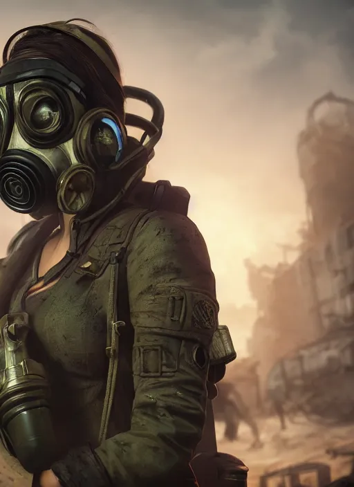 Image similar to A comic book style portrait painting of a female soldier wearing gasmask in a post apocalyptic setting, unreal 5, DAZ, hyperrealistic, octane render, RPG portrait, dynamic lighting