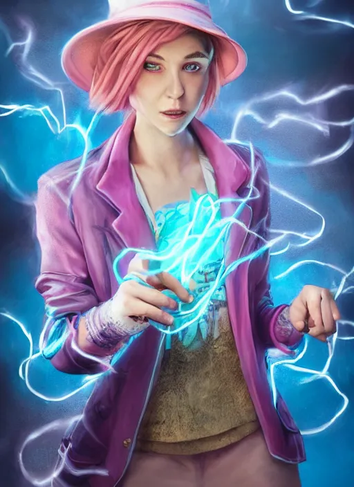 Image similar to An epic fantasy comic book style portrait painting of a young woman, with a wavy short pink hair and pink fedora hat, wearing a light pink jacket with a dark blue tie, purple gloves and blue jeans shorts and white shoes. She is holding blue neon strings tied on her hand, Unreal 5, DAZ, hyperrealistic, octane render, cosplay, RPG portrait, dynamic lighting