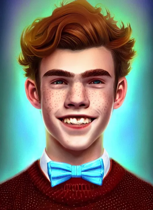 Image similar to portrait of teenage archie andrews, freckles, curly middle part haircut, curly hair, middle part hairstyle, smiling kindly, wearing a bowtie and sweater vest, intricate, elegant, glowing lights, highly detailed, digital painting, artstation, concept art, smooth, sharp focus, illustration, art by wlop, mars ravelo and greg rutkowski