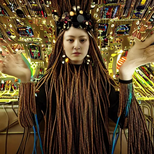 Image similar to subtle background, piles of modular synth cables, goddess reaching out hand wearing a headpiece made of circuit boards in a photo shoot for balenziaga, wlop, stanley kubrick, masamune, hideki anno, unique perspective, eastman color, perfect details, trending on artstation, 3 d render, smooth render