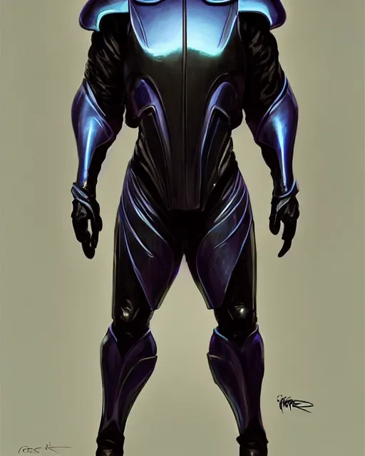 Image similar to character concept of iridescent sinewy smooth defined muscular male sleek glossy indigo black pearlescent scifi armor with continuous smooth black featureless helmet, by greg rutkowski, mark brookes, jim burns, tom bagshaw, magali villeneuve, trending on artstation