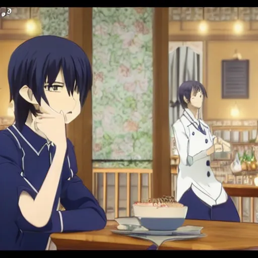 Image similar to Aymeric de Borel in a restaurant slice of life anime. Key frame. still from 3d tv anime, Kyoto animation studio, Flash photography