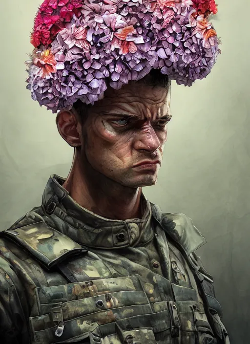 Image similar to handmade character portrait of an angry american soldier man, explosion of flowers, amaratyllis, hydrangea, chrysanthemum and hyacinth, in the style of artgerm and enki bilal and bastien lecouffe - deharme, wlop, line art, watercolor, cinematic lighting, hyperdetailed, hyperrealistic