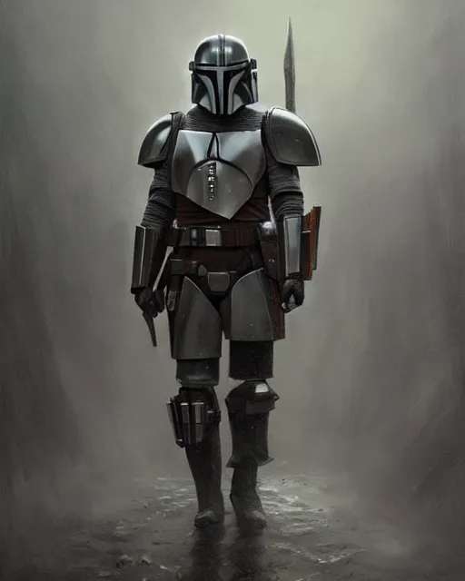 Image similar to Hyper realistic painting of a man in a suit of full plate armor, armor from the mandalorian, dark fantasy, fantasy armor, hyper detailed, by greg rutkowski, surrounded by dark fog, trending on artstation