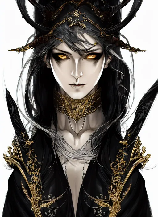 Prompt: Half body portrait of a beautiful elven healer with long straight black and blonde hair wearing ornate white and gold robe. In style of Yoji Shinkawa and Hyung-tae Kim, trending on ArtStation, dark fantasy, great composition, concept art, highly detailed, dynamic pose.