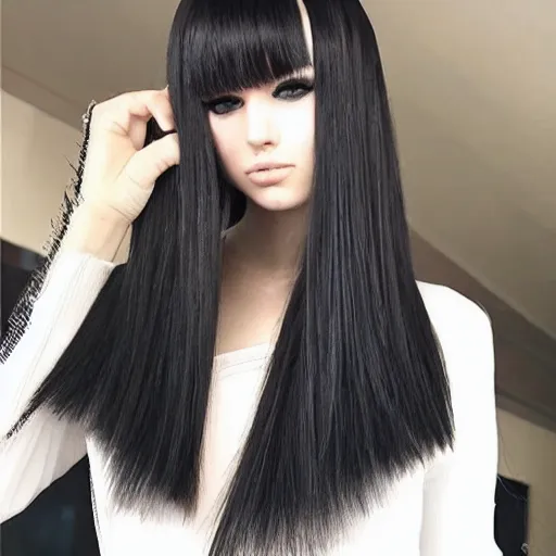 Image similar to avant runway hairstyle professional designer hair bangs, anime stylization, influencer photography, high details