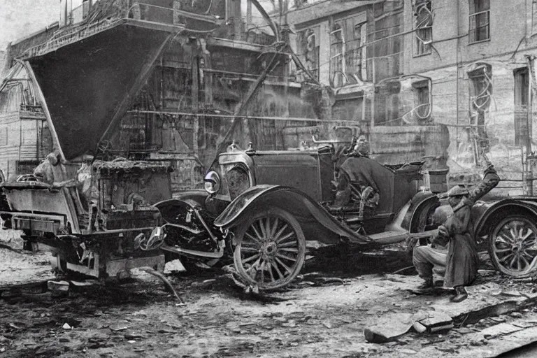 Image similar to repairing a vehicle on a machine world, year 1 9 1 4, photorealistic