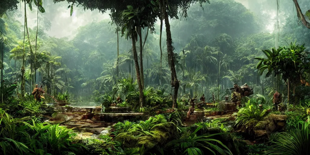 Prompt: tropical jungle, wall wood fortress, Photorealistic, plants environment, wide angle, establishing shot, cinematic lighting, atmospheric, realistic, octane render, highly detailed, color graded, matte painting in the style of craig mullins