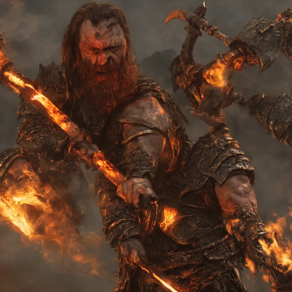 Image similar to corrupted evil gimli in mordor wielding a fire axe, volumetric light, highly detailed, sharp focus, 8 k