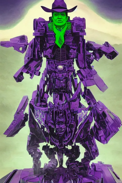 Image similar to portrait of cowboy johnny cash as purple green optimus prime from transformers riding on guitar zord ufo hoverboard, intricate, highly detailed, smooth, artstation, digital illustration by Ruan Jia and Mandy Jurgens and Artgerm and Wayne Barlowe and Greg Rutkowski and Zdislav Beksinski