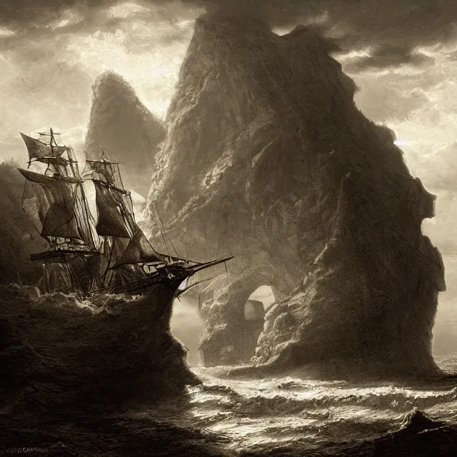 Image similar to photorealistic sepia painting of a pirate ship sailing in front of a tropical island cliff with the mouth of a grotto at the waterline, dark, brooding, atmospheric, lovecraft, by dave dorman