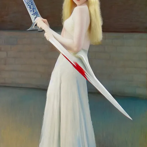 Image similar to Painting of Elle Fanning in knight armor with a flaming sword, long blonde hair, delicate, pale milky white porcelain skin, by Edward Hopper. 8K. Extremely detailed.