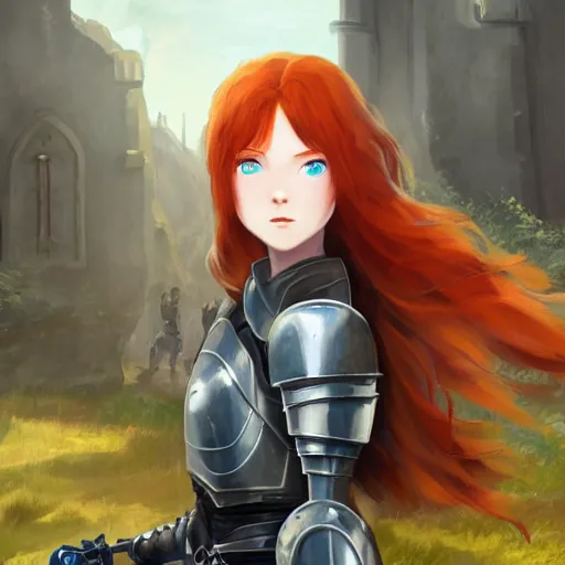 Image similar to portrait of a young redheaded woman with blue eyes and wearing armor, fighting shadowy bug demons, medieval background, highly detailed, digital painting, artstation, matte, by makoto shinkai, animation style, studio ghibli, anime key visual