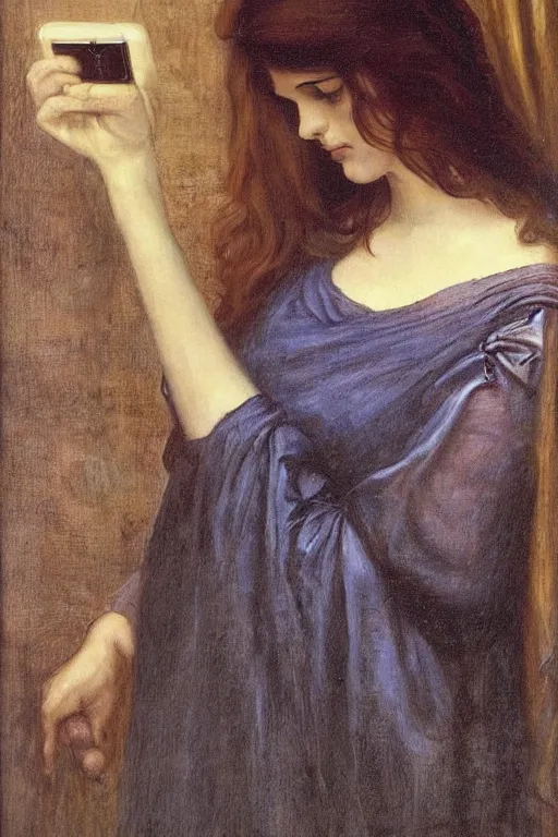 Image similar to a pre raphaelite painting of claudine longet, bored, looking at her iphone by dante gabriel rossett