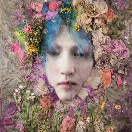 Prompt: by andreas franke applique needlework. performance art. this illustration is a large canvas, covered in a wash of color. in the center is a cluster of flowers, their petals curling & twisting in on themselves. the effect is ethereal & dreamlike, & the overall effect is one of serenity & peace.