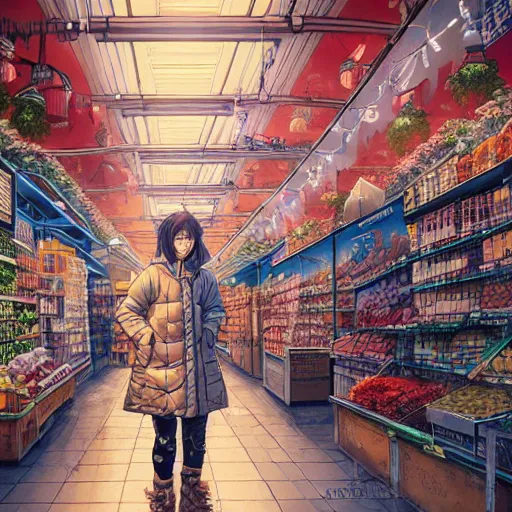 Image similar to the portrait a beautiful grocery young asia woman in down jacket, the background is a grocery store, winter, rural northeast an ultrafine hyperdetailed illustration by kim jung gi, irakli nadar, intricate linework, bright colors, octopath traveler, wenjun lin, unreal engine 5 highly rendered, global illumination, radiant light, detailed and intricate environment