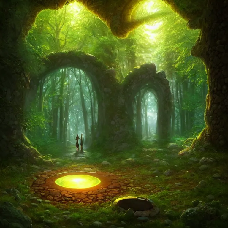 Image similar to Fantasy Magical fairy-tale glowing stone portal in the forest. Round stone portal teleport in trees to other worlds. Fantastic landscape. Magic Altar in the fores, highly detailed, digital painting, artstation, concept art, smooth, sharp focus, illustration, art by greg rutkowski