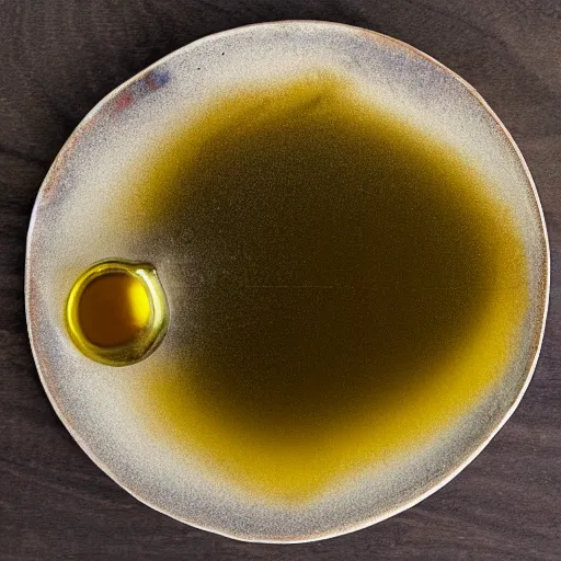 Image similar to olive oil and vinegar drizzled on a plate in the shape of the solar system