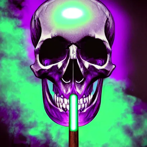 Image similar to a skull with glowing purple eyes smoking a purple cigar, digital art, realistic, vivid