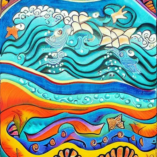 Image similar to ocean waves in the style of mexican folk art