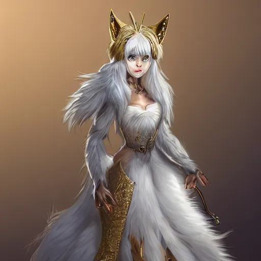 Image similar to commissioned full body portrait of a female anthropomorphic furry wolf princess fursona with white hair wearing a white and gold armored dress in a white and gold palace, by Wlop and jerry park, artstation, extremely detailed