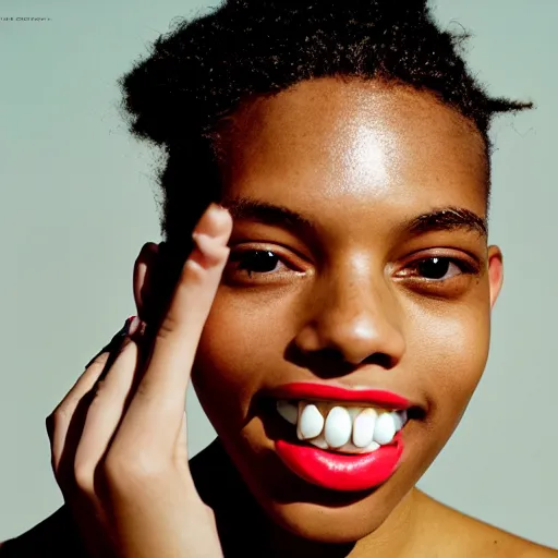 Prompt: realistic photoshooting for a new balenciaga lookbook, color film photography, portrait of a beautiful woman, model smiles, model is showing her grillz, photo in style of tyler mitchell, 3 5 mm,