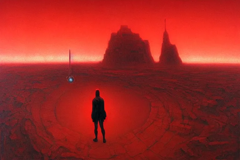 Image similar to only with red, a red god of death eat apple, a futuristic city on mars in background, an ancient path, pathos, in the style of beksinski, part by hopper, part by rodcenko, part by hofbauer, intricate composition, red by caravaggio, insanely quality, highly detailed, masterpiece, red light, artstation