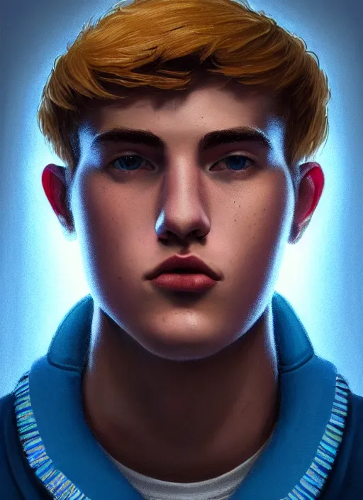 Image similar to portrait of high school senior boy named big moose, blonde short hair, jock, beefy, wide face, square jaw, square facial structure, blue varsity jacket with letter r, intricate, elegant, glowing lights, highly detailed, digital painting, artstation, concept art, sharp focus, illustration, art by wlop, mars ravelo and greg rutkowski