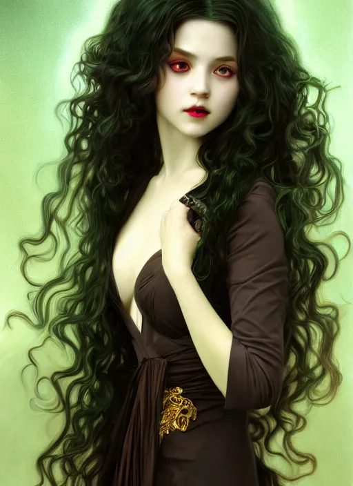 Image similar to young vampire girl, goddess of green velvety malachite and obsidian diamonds and black roses with long curly, golden hair, perfectly proportioned face, brown eyes, sweet smile, strong jawline, natural lighting, path traced, highly detailed, high quality, cartoon, digital painting, by new haicheng and riccardo federici and alphonse mucha