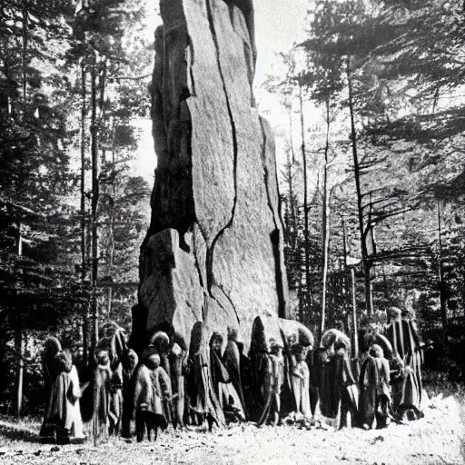 Prompt: old photograph of a cult surrounding a giant alien monolith in a haunted forest, epic composition