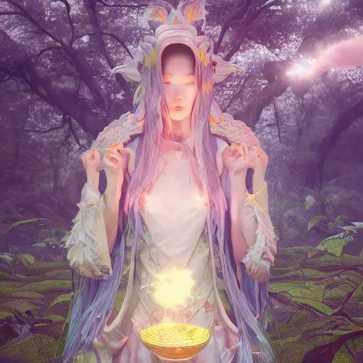 Image similar to breathtaking portrait of fantasy sorceress bright temple surrounded by lush forest meadow, by Hsiao-Ron Cheng and James jean and Miho Hirano and Hayao Miyazaki, octane render, RPG portrait, ambient light, dynamic lighting